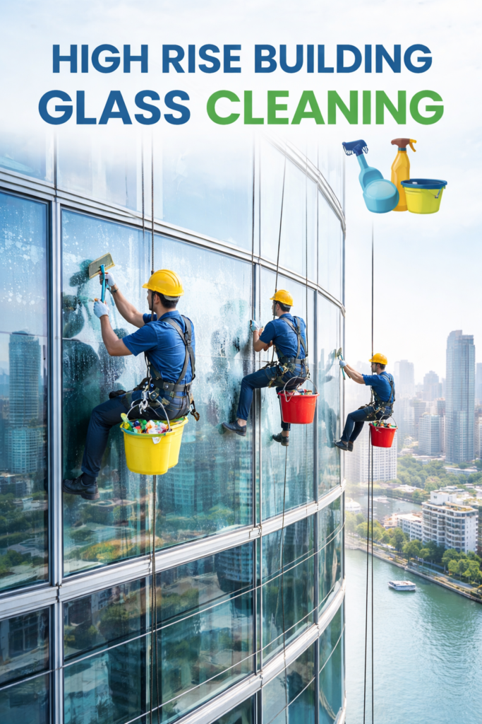 High Rise Building Glass Cleaning – Professional team performing glass cleaning on tall office windows with safety harnesses and modern equipment.
